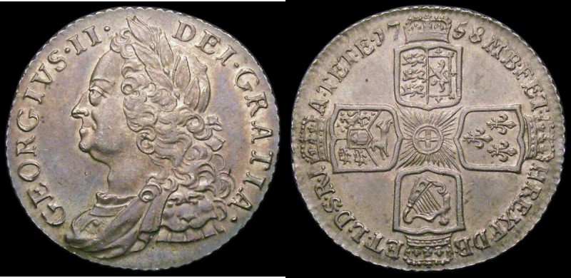 Shilling 1758 ESC 1213, Bull 1734 EF/GEF with a pleasing light tone