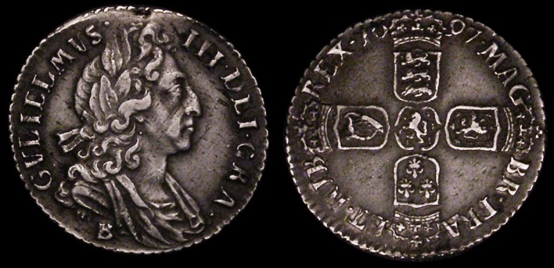 Sixpence 1697B Third Bust ESC 1568, Bull 1266 NEF/EF with some old grey tone and...