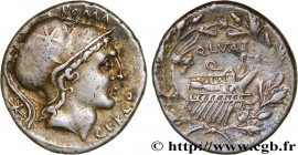 LUTATIA
Type : Denier 
Date : 109-108 AC. 
Mint name / Town : Rome 
Metal : silver 
Millesimal fineness : 950  ‰
Diameter : 19,5  mm
Orientation dies ...
