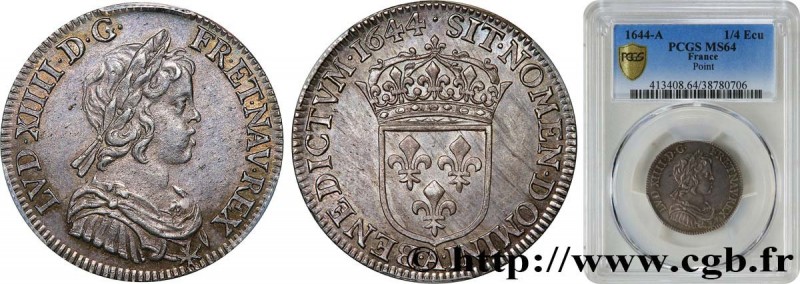 LOUIS XIV "THE SUN KING"
Type : Quart d’écu à la mèche courte 
Date : 1644 
Mint...