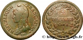 DIRECTOIRE
Type : 2 décimes Dupré 
Date : An 4 (1795-1796) 
Mint name / Town : Limoges 
Quantity minted : 1209213 
Metal : copper 
Diameter : 31  mm
O...