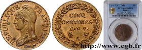 DIRECTOIRE
Type : Cinq centimes Dupré, grand module 
Date : An 7 (1798-1799) 
Mint name / Town : Paris 
Quantity minted : 16469461 
Metal : copper 
Di...