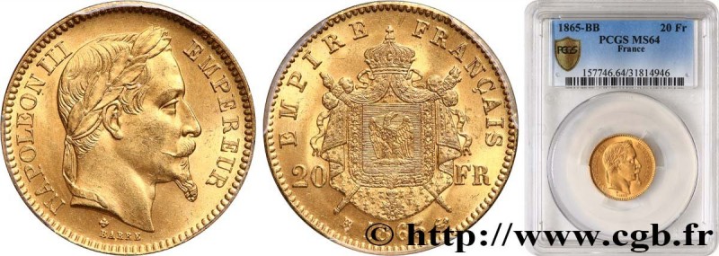 SECOND EMPIRE
Type : 20 francs or Napoléon III, tête laurée 
Date : 1865 
Mint n...