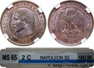 SECOND EMPIRE
Type : Deux centimes Napoléon III, tête nue 
Date : 1853 
Mint name / Town : Strasbourg 
Quantity minted : 211996 
Metal : bronze 
Diame...