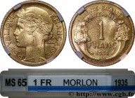 III REPUBLIC
Type : 1 franc Morlon 
Date : 1935 
Mint name / Town : Paris 
Quantity minted : 1166038 
Metal : bronze-aluminium 
Diameter : 23  mm
Orie...