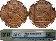 III REPUBLIC
Type : Essai en bronze de 25 centimes Patey, 1er type 
Date : 1903 
Quantity minted : --- 
Metal : bronze 
Diameter : 24,09  mm
Orientati...
