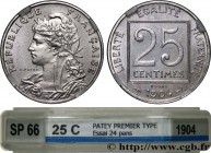 III REPUBLIC
Type : Essai de 25 centimes Patey, 24 pans, 8 g 
Date : 1904 
Metal : nickel 
Diameter : 24,34  mm
Orientation dies : 6  h.
Weight : 8  g...