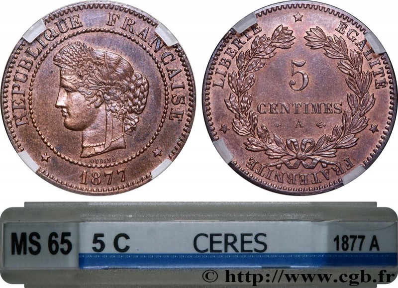 III REPUBLIC
Type : 5 centimes Cérès 
Date : 1877 
Mint name / Town : Paris 
Qua...