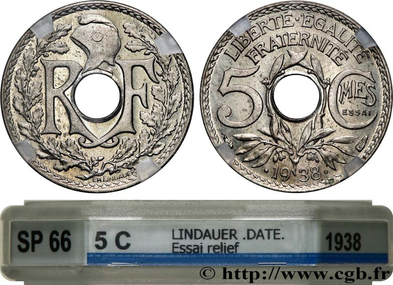 III REPUBLIC
Type : Essai de 5 centimes Lindauer maillechort, ESSAI en relief 
D...