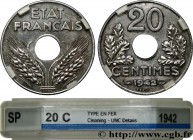 FRENCH STATE
Type : Essai de 20 centimes fer 
Date : 1942 
Mint name / Town : Paris 
Quantity minted : 40 
Metal : iron 
Diameter : 23,97  mm
Orientat...