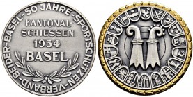 SCHWEIZ - Schützentaler, Schützenmedaillen & Schützenvaria
Basel
Versilberte Bronzemedaille 1954. Basel. Sportschützenverband beider Basel. Kantonal...