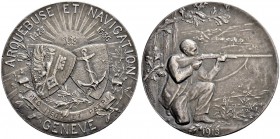 SCHWEIZ - Schützentaler, Schützenmedaillen & Schützenvaria
Genf / Genève
Silbermedaille 1913. Genève. Arquebuse et navigation. 39.87 g. Richter (Sch...
