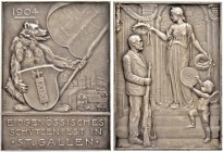 SCHWEIZ - Schützentaler, Schützenmedaillen & Schützenvaria
St. Gallen
Silbermedaille 1904. St. Gallen. Eidgenössisches Schützenfest. 63.18 g. Richte...