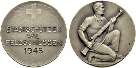 SCHWEIZ - Schützentaler, Schützenmedaillen & Schützenvaria
St. Gallen
Versilberte Bronzemedaille 1946. Wil. Stadtschützen. Feldschiessen. 7.55 g. Ri...