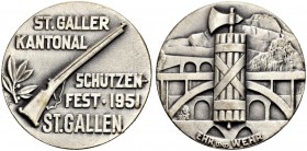 SCHWEIZ - Schützentaler, Schützenmedaillen & Schützenvaria
St. Gallen
Versilberte Bronzemedaille 1951. St. Gallen. Kantonalschützenfest. 16.06 g. Ri...