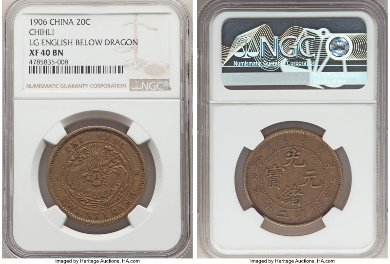 Chihli. Kuang-hsü 20 Cash ND (c. 1906) XF40 Brown NGC, KM-Y68. Large/regular let...