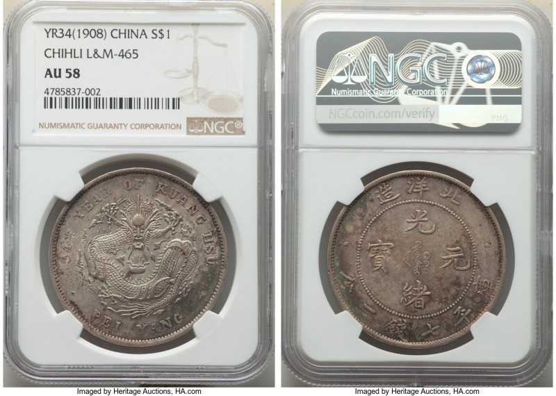 Chihli. Kuang-hsü Dollar Year 34 (1908) AU58 NGC, Pei Yang Arsenal mint, KM-Y73....