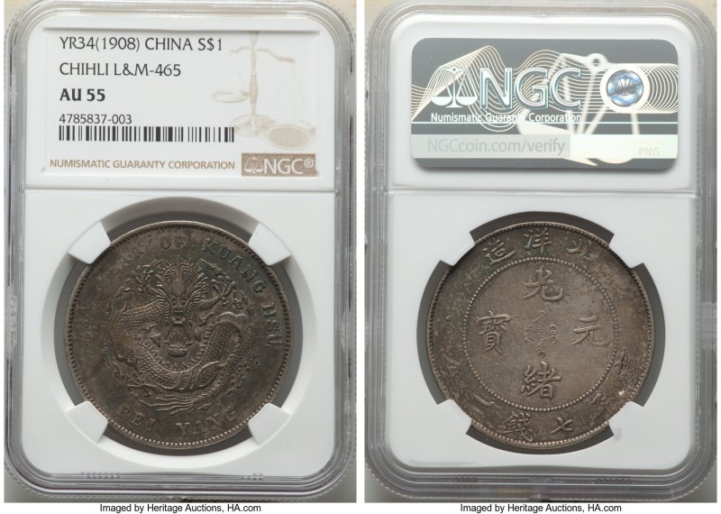 Chihli. Kuang-hsü Dollar Year 34 (1908) AU55 NGC, Pei Yang Arsenal mint, KM-Y73....
