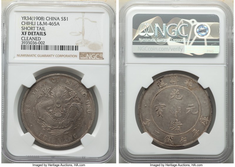 Chihli. Kuang-hsü Dollar Year 34 (1908) XF Details (Cleaned) NGC, KM-Y73.3, L&M-...