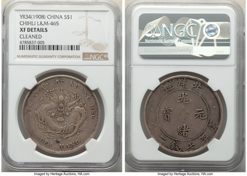 Chihli. Kuang-hsü Dollar 34 (1908) XF Details (Cleaned) NGC, Pei Yang Arsenal mi...