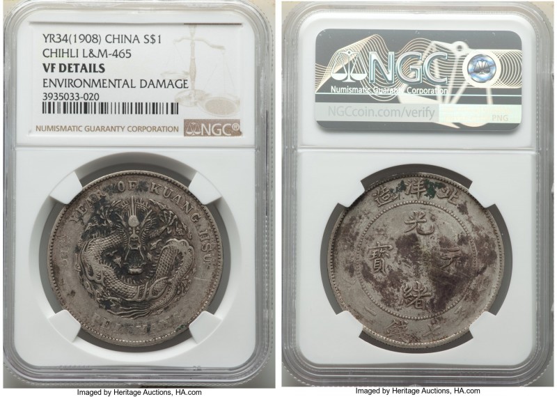 Chihli. Kuang-hsü Dollar 34 (1908) VF Details (Environmental Damage) NGC, Pei Ya...