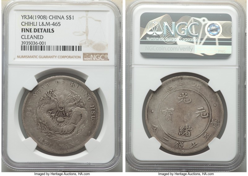 Chihli. Kuang-hsü Dollar 34 (1908) Fine Details (Cleaned) NGC, Pei Yang Arsenal ...