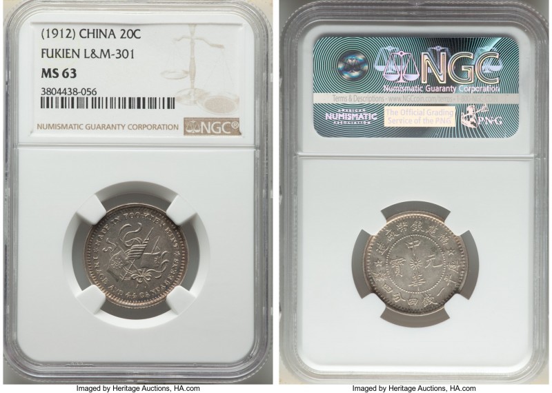 Fukien. Republic 20 Cents ND (1912) MS63 NGC, KM-YA381, L&M-301. Enticingly lust...