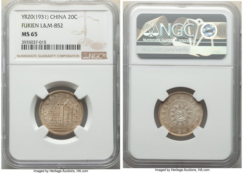 Fukien. Republic 20 Cents Year 20 (1931) MS65 NGC, KM-Y389.2, L&M-852. The highe...