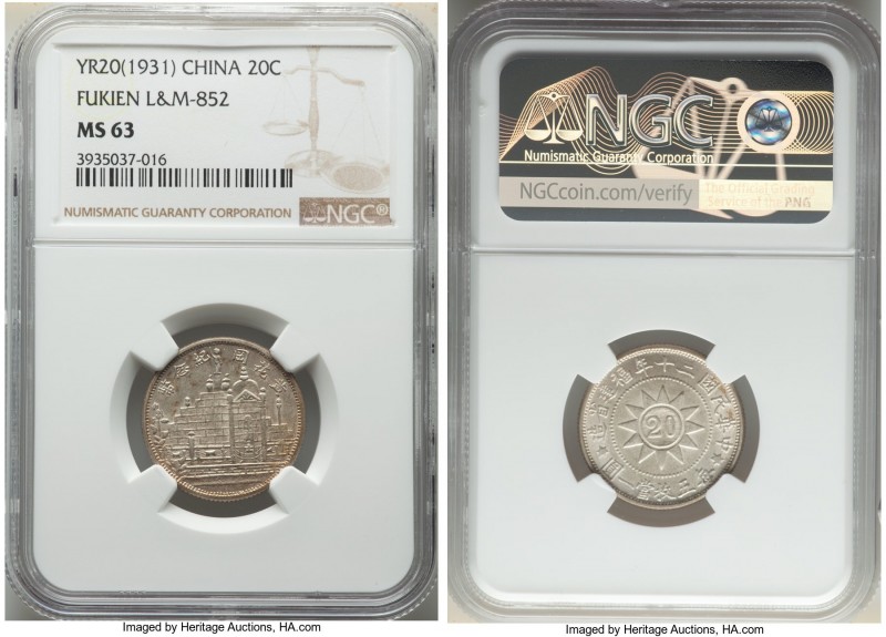 Fukien. Republic 20 Cents Year 20 (1931) MS63 NGC, KM-Y389.2, L&M-852. A frosted...