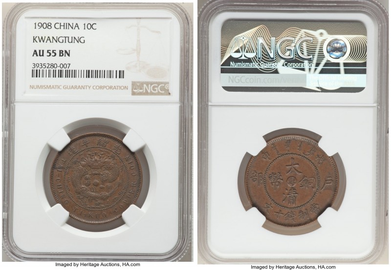 Kwangtung. Kuang-hsü 10 Cash (Cent) CD 1908 AU55 Brown NGC, KM-Y10r, CCC-10. 

H...