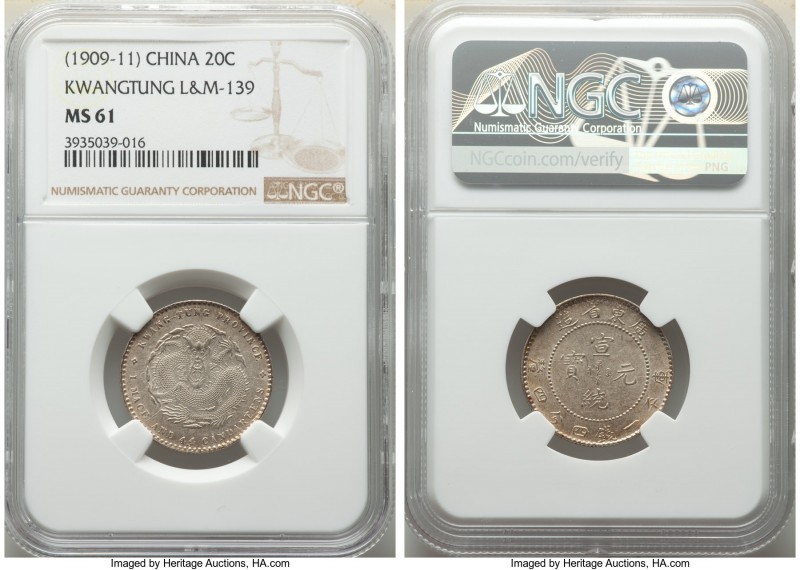 Kwangtung. Hsüan-t'ung 20 Cents ND (1909-1911) MS61 NGC, KM-Y205, L&M-139. 

HID...