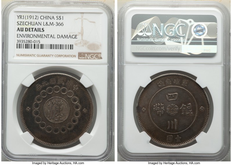 Szechuan. Republic Dollar Year 1 (1912) AU Details (Environmental Damage) NGC, K...