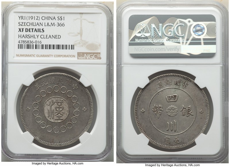 Szechuan. Republic Dollar Year 1 (1912) XF Details (Harshly Cleaned) NGC, KM-Y45...