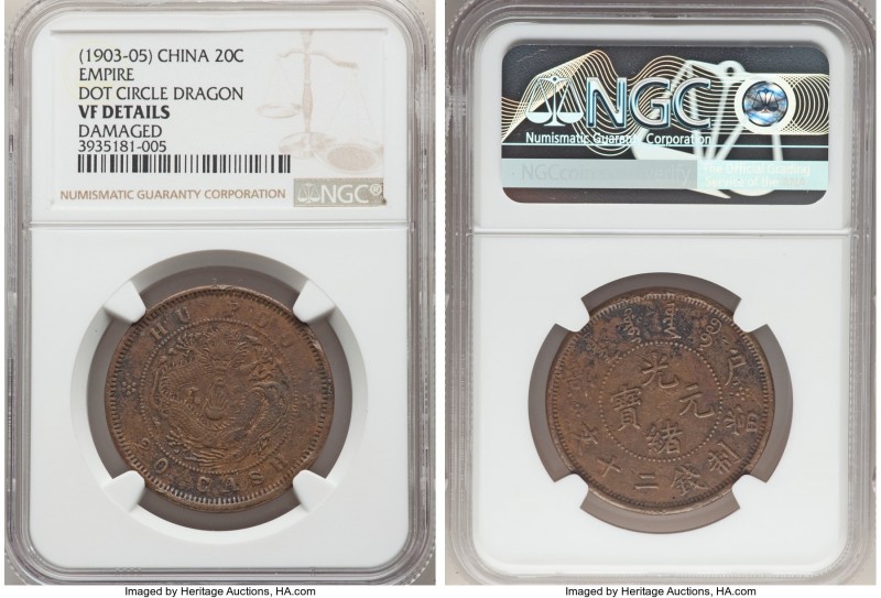 Kuang-hsü 20 Cash ND (1903-1905) VF Details (Damaged) NGC, KM-Y5aa. Dragon withi...