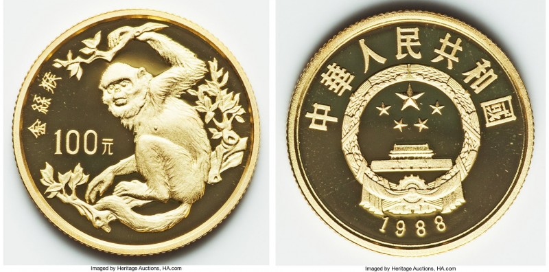 People's Republic gold Proof "Golden Monkey" 100 Yuan 1988, KM214, Fr-23. Mintag...