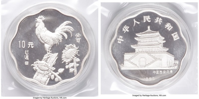 People's Republic silver Proof Scalloped "Year of the Rooster" 10 Yuan 1993, KM5...