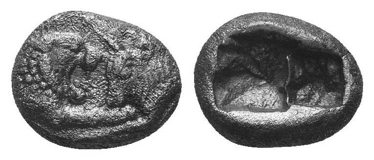 Kings of Lydia, time of Croesus. Diobol, circa 561-546 BC, AR
facing lion and bu...