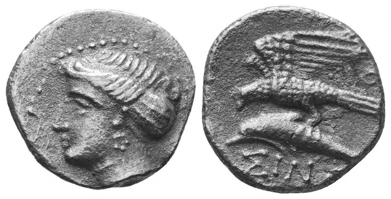Sinope , Paphlagonia. AR Drachm , c. 410-350 BC.
Obv. Head of nymph left, wearin...