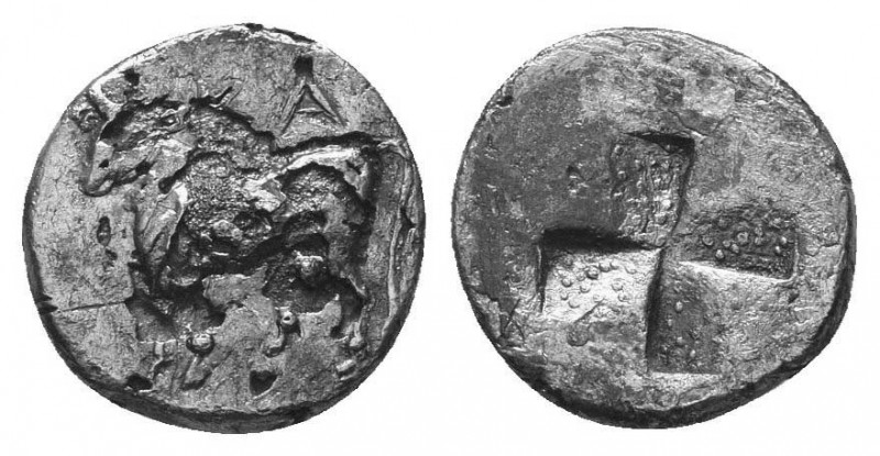 Thrace, Byzantion. AR Drachm , c. 387/6-340 BC.
Obv. ΠΥ, Bull standing on dolphi...