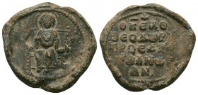 Byzantine seal of Theodore Amarianos (?) proedros (11th cent.)

Obv.: Mother of God sitted on a backed throne, facial, nimbate, wearing chiton and map...