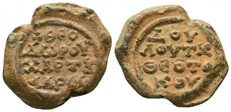 Byzantine seal of Theodore chartoularios (7th cent.)
Obv.: +ΘΕΟ/ΔΩΡΟΥ/ΧΑΡΤΟΥ/ΛΑΡ...