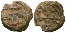 Byzantine lead seal of Constantine officer
(550-650)
Obv.: Invocative cruciform monogram ΘΕΟΤΟΚΕ ΒΟΗΘΕΙ (Mother of God help), wreath border.
 
Rev.: C...