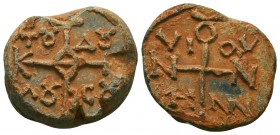 Byzantine lead seal of Nonnos officer, son of Menas (7th cent.)
Obv.: Invocative cruciform monogram inscribed in the corners, ΘΕΟΤΟΚΕ ΒΟΗΘΕΙ ΤΟΥ ΔΟΥΛΟ...
