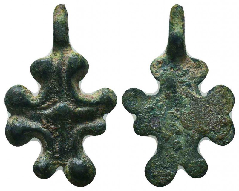 Byzantine/Crusader, c. 9th-13th century AD. Beautiful bronze Crusader-cross pend...