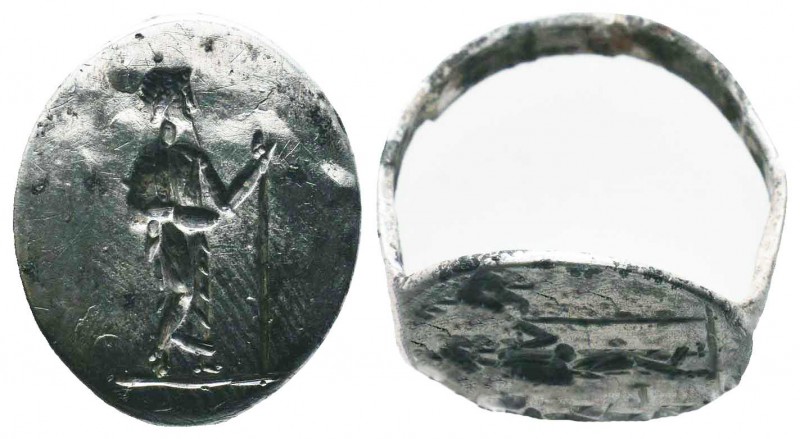Roman, c. 1st-4th century AD. Beautiful Silver Seal Ring, with a standing figure...