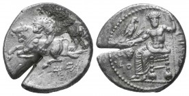 TARSOS. Cilicia. Mazaios, 361-334 B.C.
Stater. Baaltars seated l., torso facing, holding grapes, corn-ear and eagle in r. hand, scepter in l., Aramai...