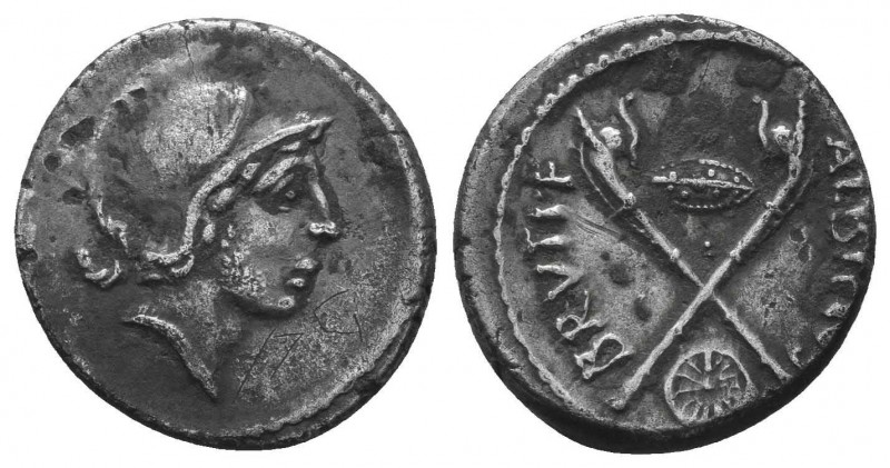Albinus Bruti f. 48 BC. AR Denarius. Rome mint. Head of young Mars right, wearin...
