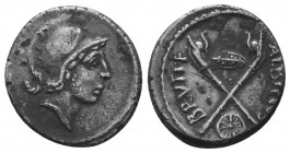 Albinus Bruti f. 48 BC. AR Denarius. Rome mint. Head of young Mars right, wearing crested helmet / ALBINVS to right, BRVTI. F to left, two Gallic trum...