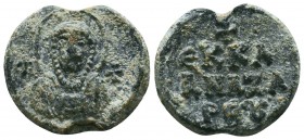 Byzantine lead seal of the Church of Anazarbos in Asia Minor
Obverse: Bust of Mother of God, facial and nimbate, holding the medallion of infant Jesu...