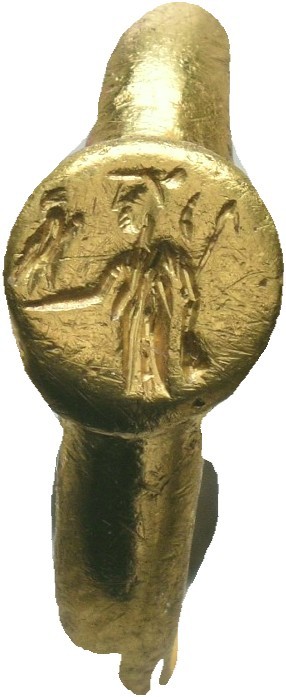 Ancient Roman Gold Seal Ring depicting standing Athena , 1st - 2nd Century AD.
...